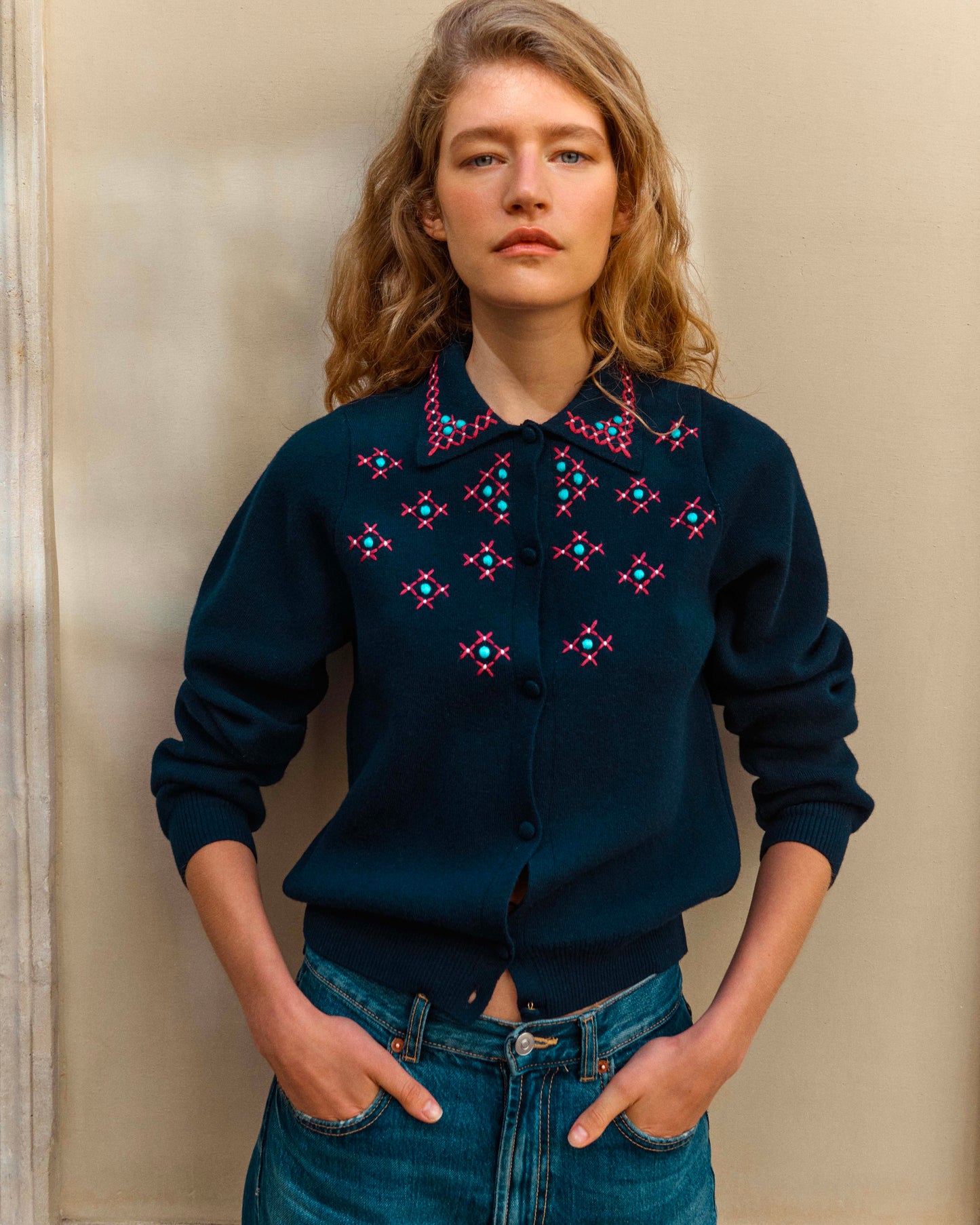 cardigan maille brodé main