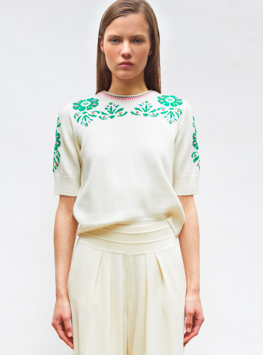 top maille florale brodé main